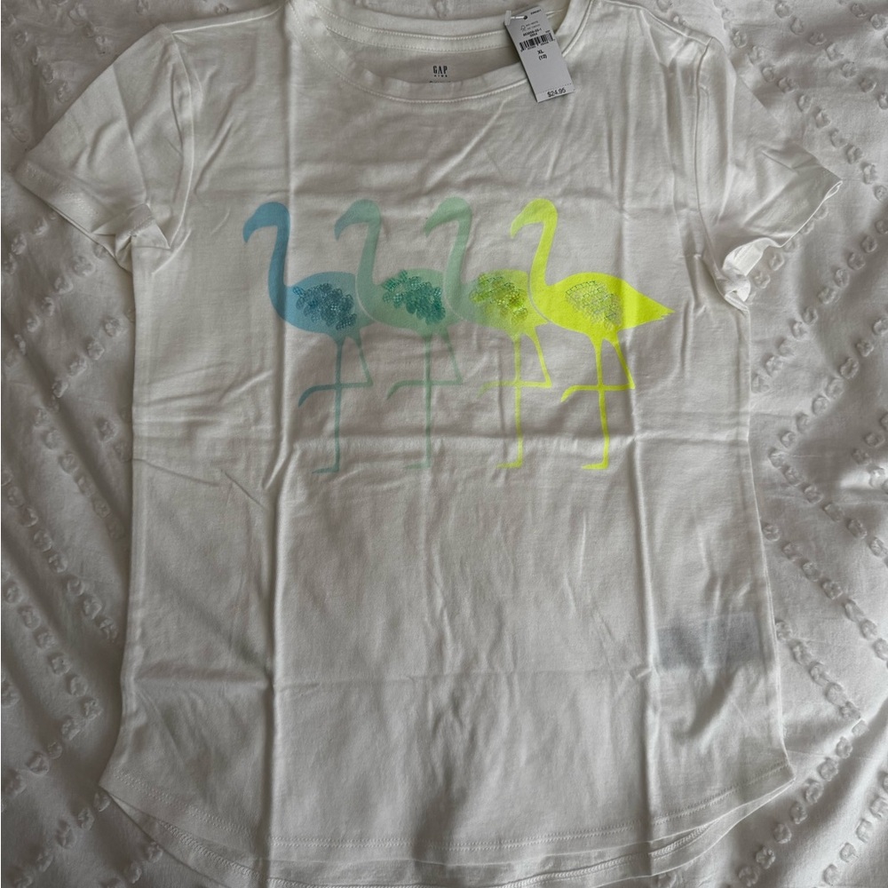 GAP White Tee with Blue-Green to Neon Yellow Flamingo Print